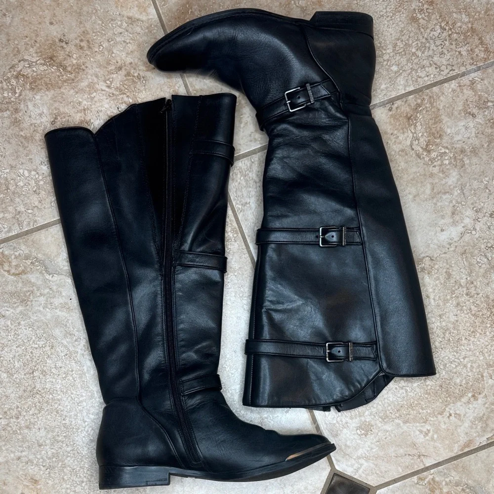 Gianni Bini Black Leather‎ Riding Just Below Knee Boots size 9.5 WIDE CALF